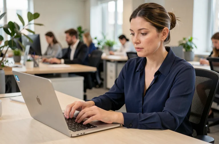 Femme professionnelle connectée à son compte Arkevia sur un ordinateur portable dans un bureau moderne