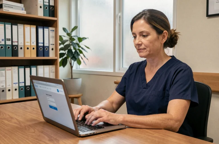Infirmière en blouse bleue se connectant à un portail de soins en ligne sur un ordinateur portable dans un bureau de maison de retraite
