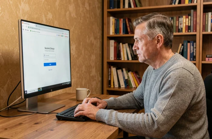 Homme en télétravail se connectant en toute sécurité à son espace personnel Arkevia depuis son bureau à domicile