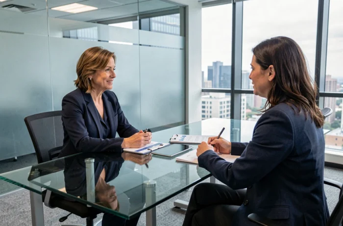Femme en blazer marine en réunion avec un conseiller financier autour de documents de portefeuille boursier dans un bureau professionnel