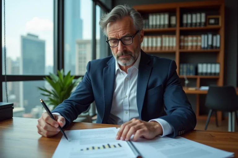 Conseiller financier analysant des documents de défiscalisation immobilière dans un bureau moderne