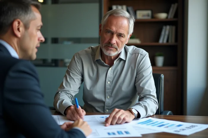 Conseiller financier expliquant les allocations chômage et les indemnités Pôle Emploi à un client cadre lors d'un rendez-vous professionnel