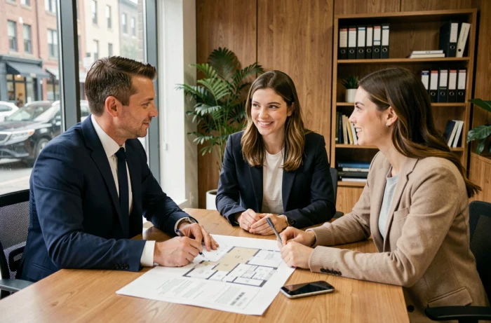 Un conseiller immobilier professionnel discute d'un projet immobilier avec un couple lors d'une réunion dans une agence moderne