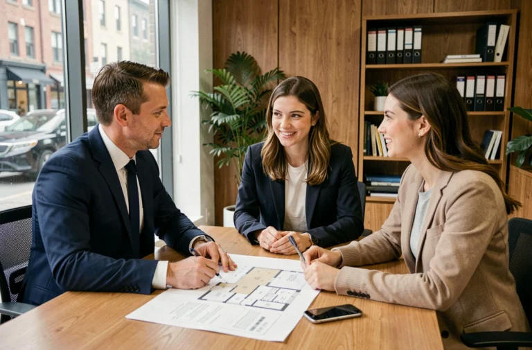 Un conseiller immobilier professionnel discute d'un projet immobilier avec un couple lors d'une réunion dans une agence moderne