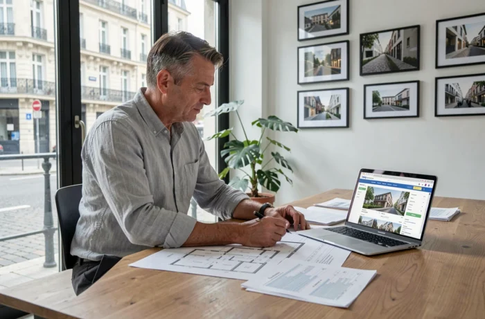 Conseiller immobilier analysant des plans de projet dans une agence moderne à Bordeaux en Gironde