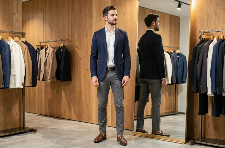 Homme élégant en blazer marine et chinos beige se regardant dans un miroir d'une boutique de mode masculine pour choisir sa tenue