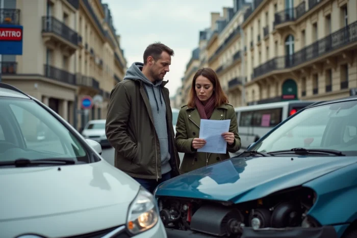 Deux conducteurs remplissant un constat amiable après une collision à un carrefour parisien
