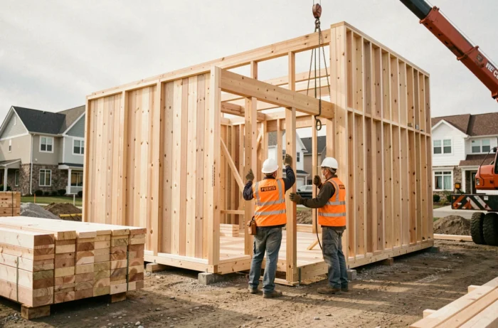 Construction d'un bâtiment résidentiel modulaire en bois avec des ouvriers sur chantier