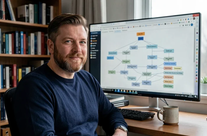 Expert SEO masculin consultant un sitemap XML sur un grand écran dans son bureau à domicile