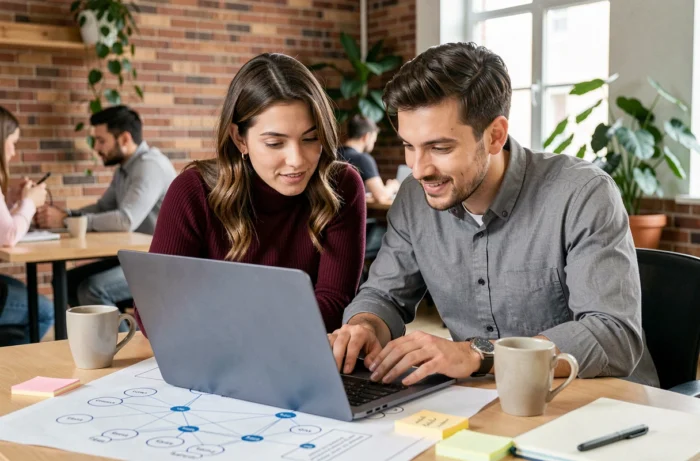 Deux consultants IT collaborant sur des schémas réseau et un ordinateur portable dans un espace de co-working moderne