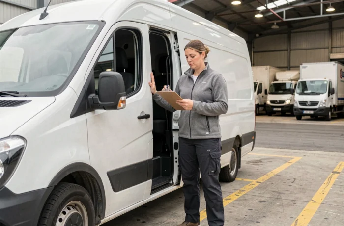 Coordinatrice logistique évaluant la hauteur d'un fourgon H3 dans un entrepôt urbain