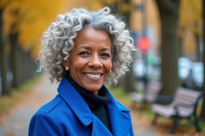 Femme de 70 ans avec une coupe courte bouclée naturelle aux boucles argentées définies