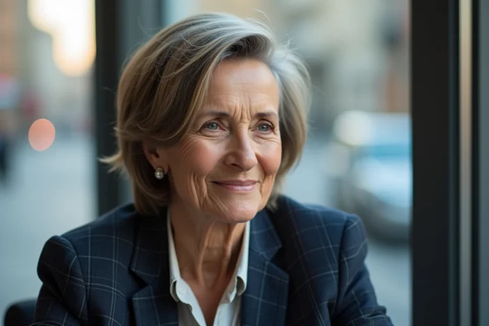 Femme de 70 ans avec une coupe courte dégradée flatteuse pour visage rond