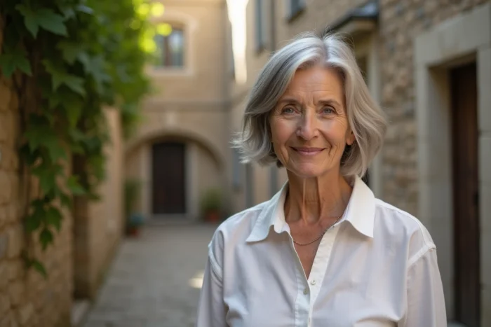 Femme de 70 ans avec une coupe garçonne effilée aux finitions légères en gris argenté