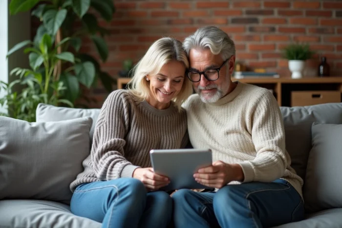 Couple senior comparant des offres d'assurance accidents domestiques sur une tablette dans leur salon