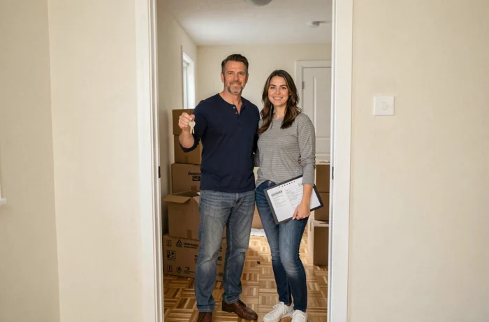 Couple emménageant dans un appartement avec documents d'assurance habitation à la main