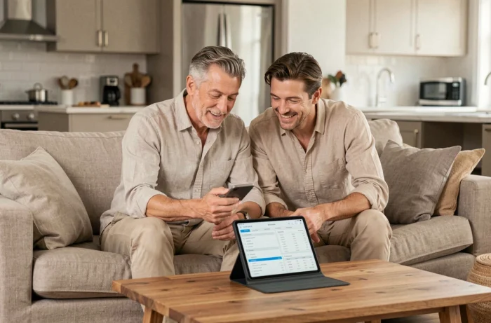 Couple gérant ensemble leurs finances et leur compte BNP en ligne sur tablette dans leur salon