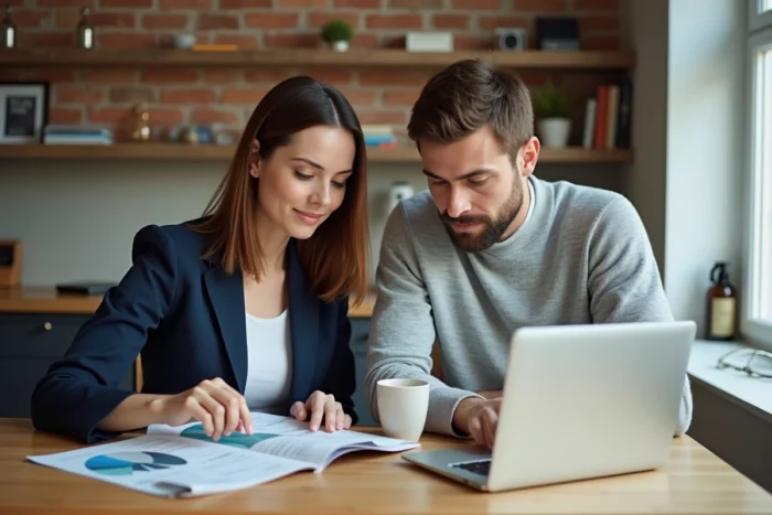 Couple étudiant des options de défiscalisation immobilière sur un ordinateur portable à domicile