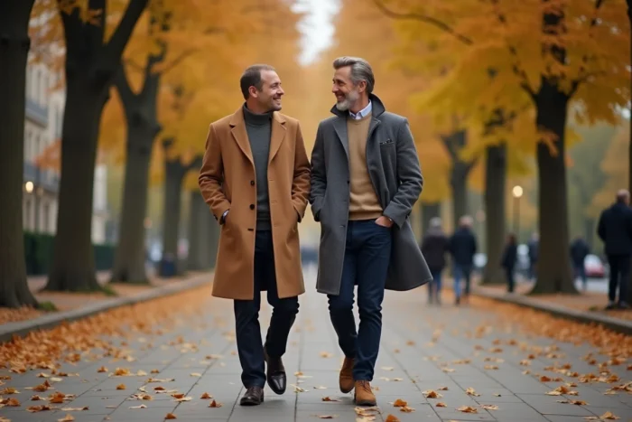 Deux hommes marchant ensemble sur un boulevard parisien en automne, symbolisant une relation complice et la vie de couple d'un personnage public