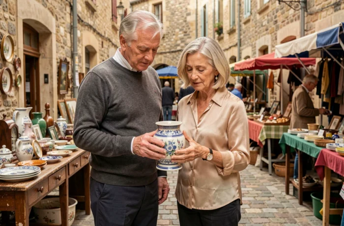 Couple de retraités aisés explorant un marché aux antiquités dans un village provençal pittoresque