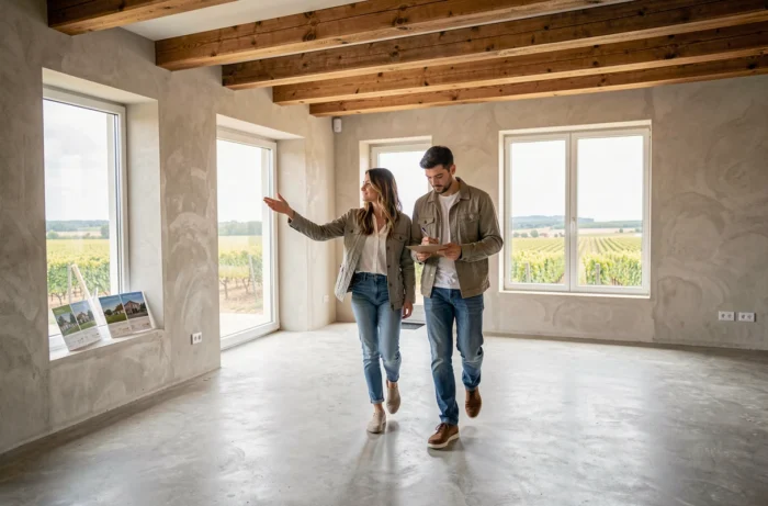 Couple visitant une maison neuve contemporaine avec vue sur vignoble en Gironde lors d'un projet immobilier