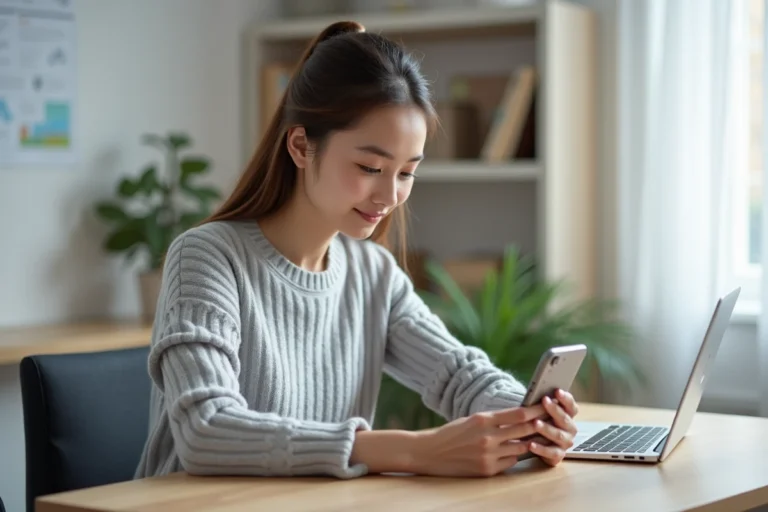 Jeune femme créant un identifiant Huawei sur son smartphone dans un bureau à domicile minimaliste