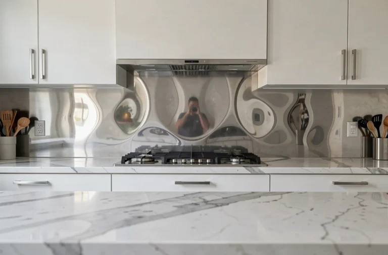 Crédence en inox miroir sur mesure dans une cuisine moderne avec plan de travail en marbre blanc