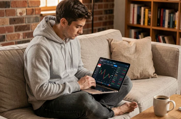 Jeune homme en sweat-shirt gris utilisant une application d'investissement en bourse sur ordinateur portable depuis son canapé