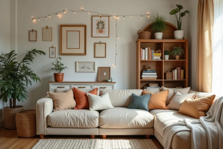 Vue d'ensemble d'un salon décoré de façon créative et économique avec plantes, guirlandes, coussins dépareillés et meubles relookés