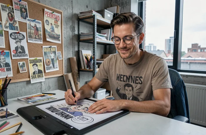 Designer graphique souriant en créant une illustration d'humour noir dans un studio artistique urbain