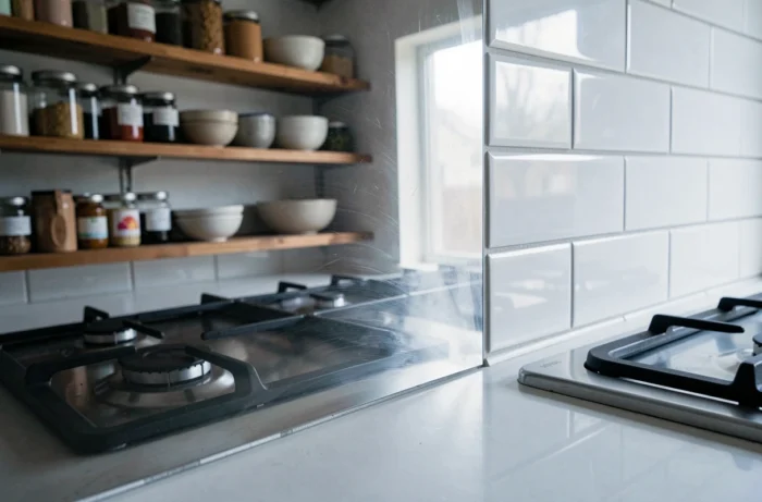 Détail de la tranche d'une crédence en inox miroir sur mesure avec finition précise et reflets chaleureux