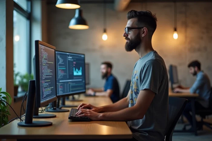 Développeur masculin travaillant sur un poste informatique double écran dans un espace de coworking, entouré de collègues