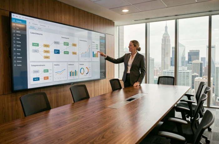 Directrice présentant une solution logicielle sur mesure sur un écran interactif en salle de réunion d'entreprise
