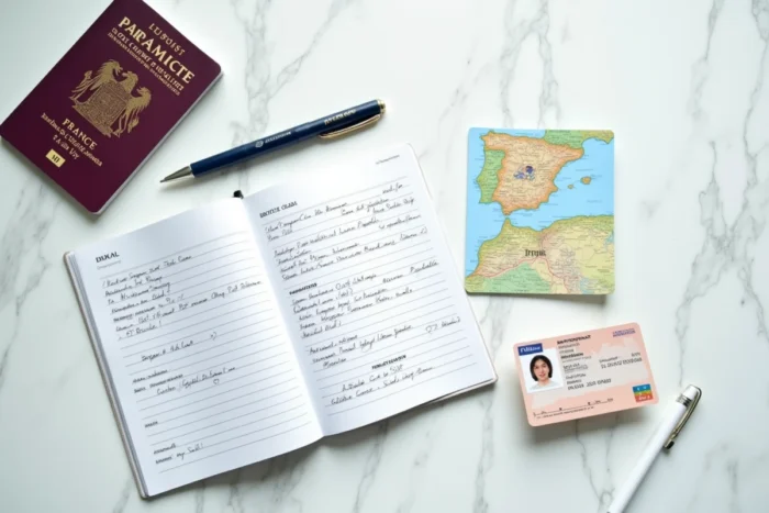 Vue de dessus de documents nécessaires pour voyager à Gibraltar depuis la France incluant passeport et carte d'identité