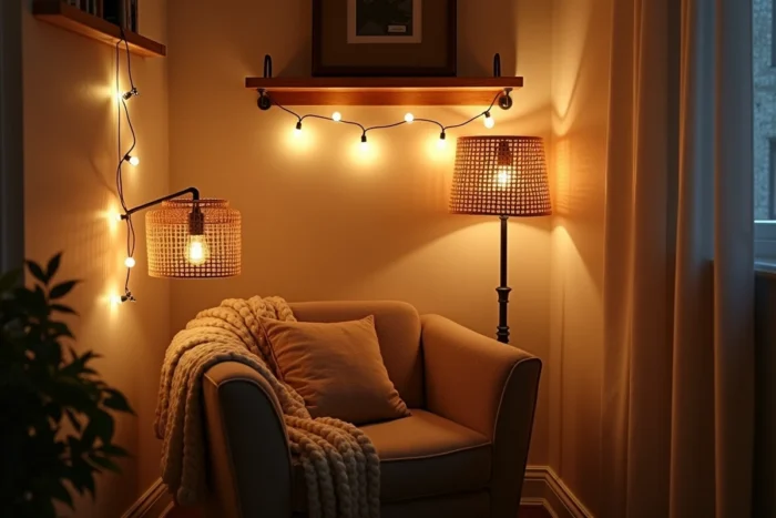 Coin lecture douillet avec guirlandes lumineuses, lampe de récupération industrielle et lampadaire en rotin