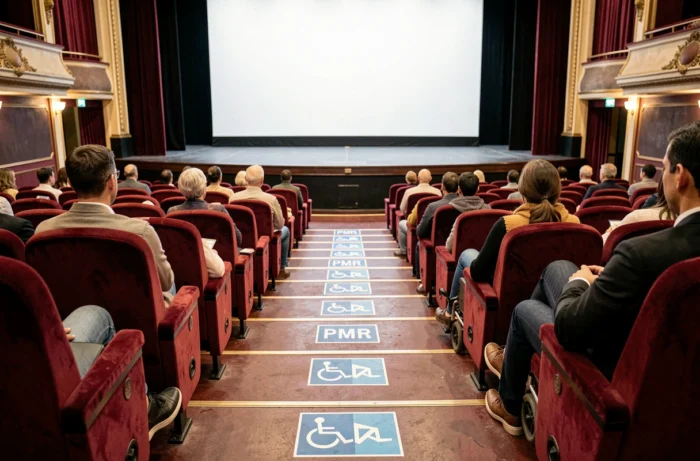 Emplacements réservés PMR dans la salle de cinéma du Grand Rex Paris avec signalétique au sol