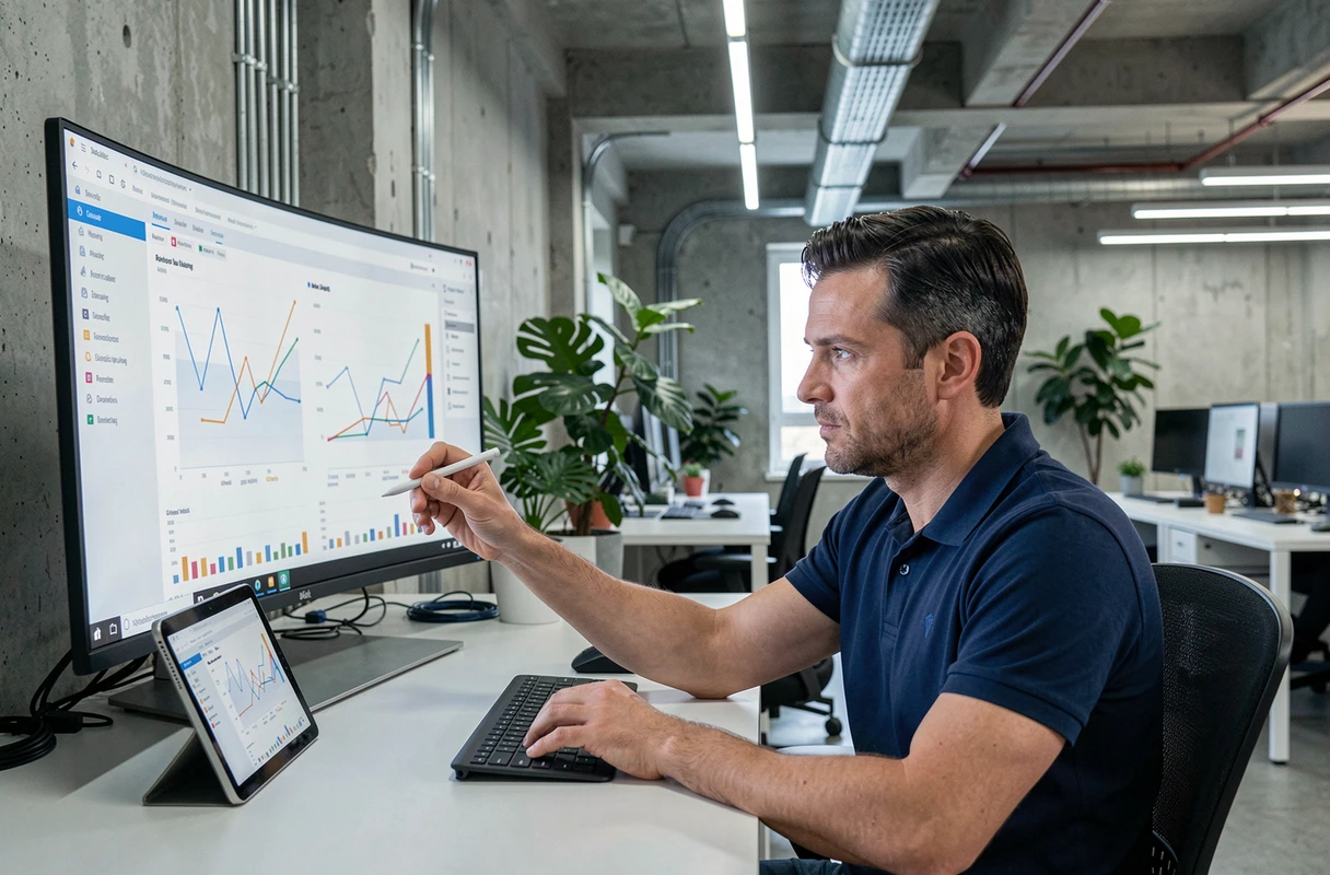 Entrepreneur masculin analysant les performances de son business en ligne dans un espace de coworking