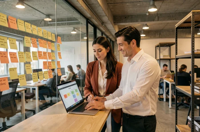 Deux collègues examinant ensemble la structure d'un sitemap web sur un ordinateur portable dans un espace de coworking moderne