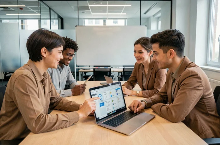 Équipe de professionnels analysant un tableau de bord de sécurité des contenus numériques pour prévenir les fuites sur les réseaux sociaux