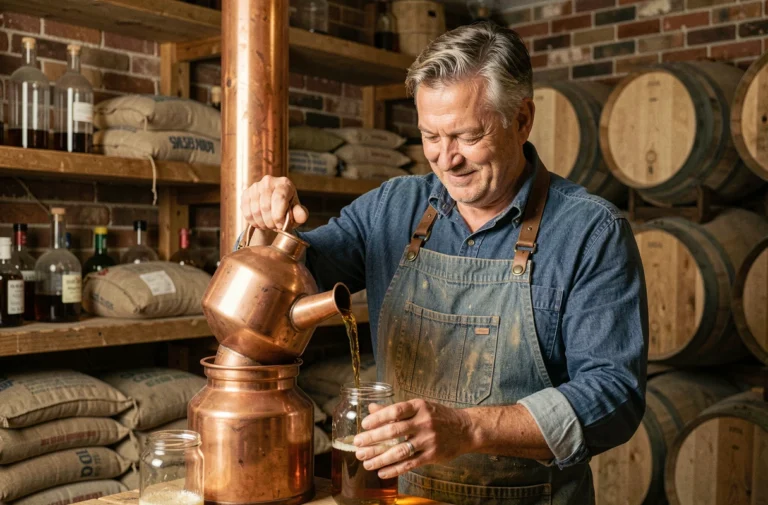 Homme versant du whisky maison depuis un alambic en cuivre dans un atelier artisanal rustique