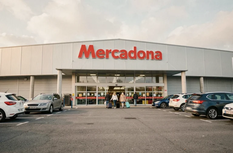 Façade du supermarché Mercadona proche de la frontière française avec des clients français à l'entrée