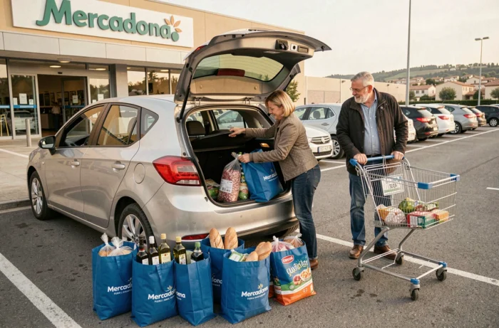 Famille française chargeant ses achats Mercadona dans le coffre de sa voiture dans le parking du supermarché espagnol