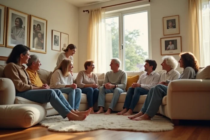 Grande famille réunie dans un salon chaleureux, adultes en tenues décontractées partageant un moment convivial ensemble