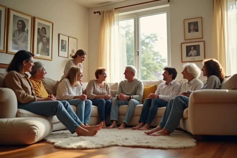 Grande famille réunie dans un salon chaleureux, adultes en tenues décontractées partageant un moment convivial ensemble