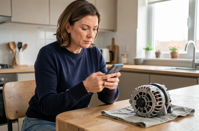 Femme comparant des pièces automobiles sur smartphone avec un alternateur posé sur une table de cuisine