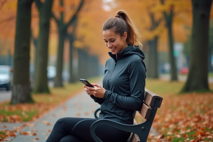 Jeune femme consultant les actualités sportives sur son smartphone dans un parc en automne, illustrant les tendances sport à suivre
