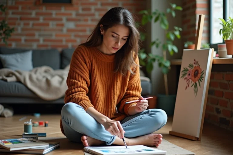 Femme trentenaire peignant à l'aquarelle dans un atelier créatif décoré de plantes et de matériaux artistiques