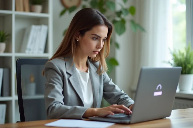Femme en blazer gris résolvant un bug de connexion sur un portail éducatif depuis son bureau à domicile