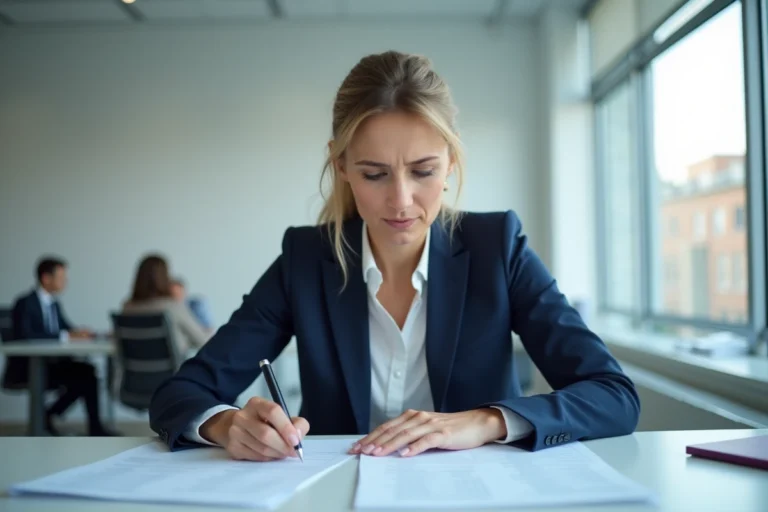 Femme cadre consultant des fiches de paie à son bureau pour comprendre ses droits au chômage avec un salaire de 3000 euros net