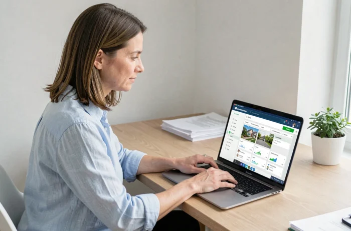 Femme connectée à son espace client en ligne sur un ordinateur portable pour gérer ses services immobiliers MyFoncia